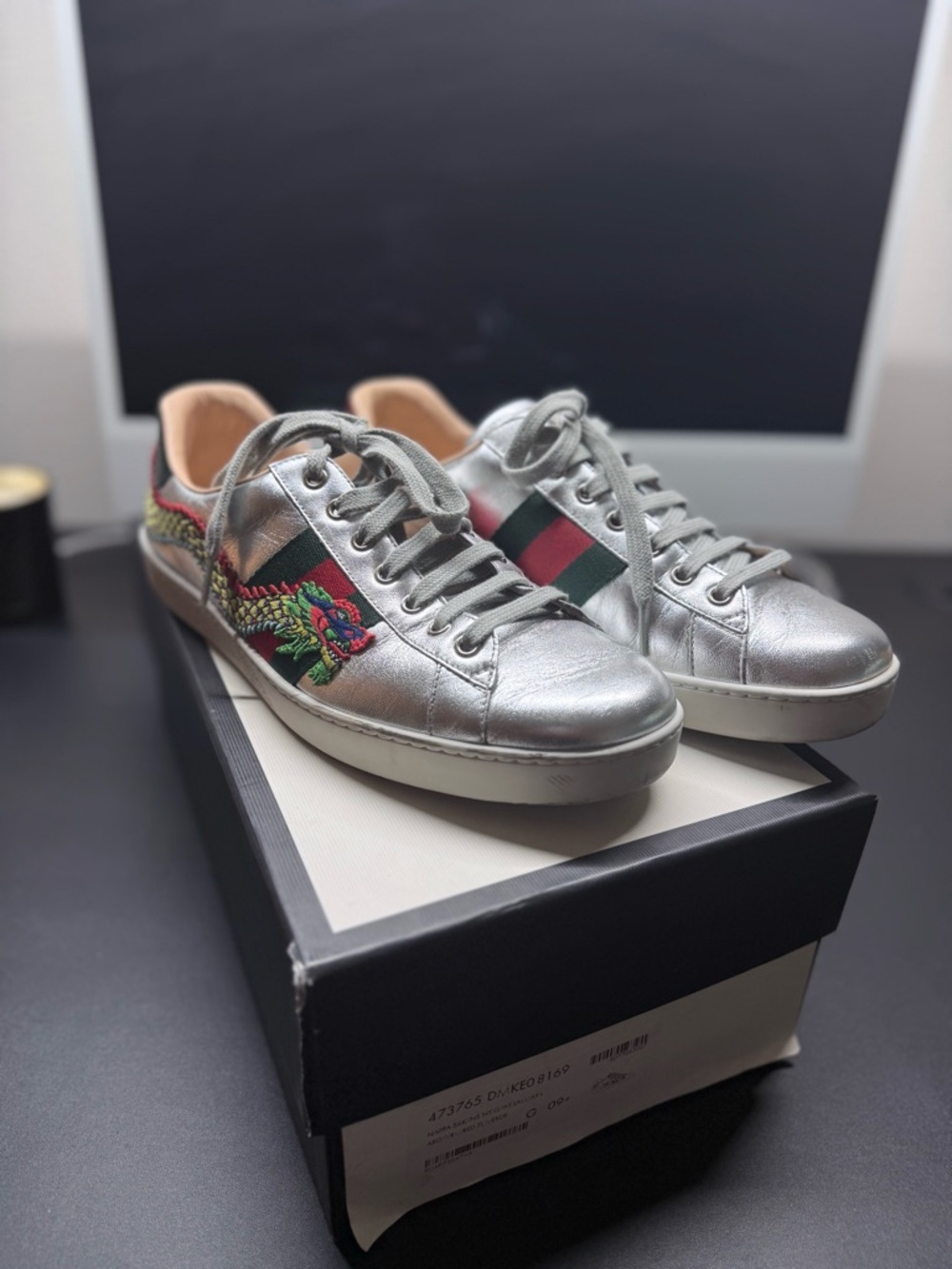 Gucci - Silver Leather Embroidered Sneakers